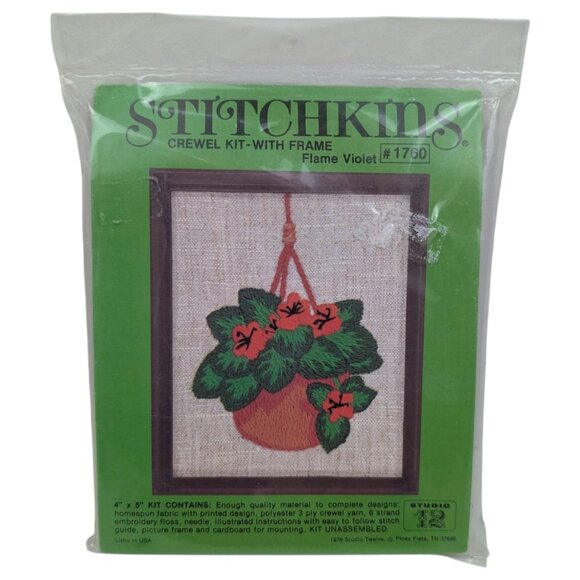 VTG Stitchkins Studio 12 Flame Violet Crewel Embroidery Kit #1760 w/ Frame NOS - Picture 2 of 5